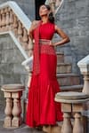 Buy_Shweta Aggarwal_Red Georgette Embroidery Thread And Cutdana One Shoulder Crop Top & Skirt Set _Online_at_Aza_Fashions