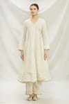 Divya Kanakia_White Cotton Floral, Geometric, Pearl, Sequin V Embroidered Angrakha Kurta Set _Online_at_Aza_Fashions