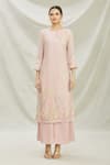 Divya Kanakia_Pink Organza Pearl, Sequin Round Neck Embroidered Kurta And Pant Set _Online_at_Aza_Fashions