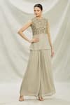 Buy_Divya Kanakia_Grey Satin Embellished Sequins Round Neck Top And Flared Pant Set _at_Aza_Fashions