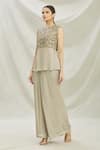 Buy_Divya Kanakia_Grey Satin Embellished Sequins Round Neck Top And Flared Pant Set _Online_at_Aza_Fashions