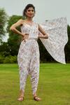 Buy_Pasha India_White Linen Printed Floral Motifs Square Neck Dhoti Saree With Blouse_at_Aza_Fashions