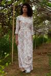 Shop_Pasha India_White Linen Printed Floral Motifs Round Neck Pre-draped Saree Gown_at_Aza_Fashions