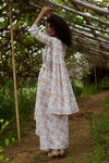 Pasha India_White Linen Printed Floral Motifs Round Neck Pre-draped Saree Gown_Online_at_Aza_Fashions