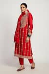 Buy_Pink City By Sarika_Red Chanderi And Thread & Pearl Notched Kurta Pant Set _at_Aza_Fashions