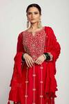 Shop_Pink City By Sarika_Red Chanderi And Thread & Pearl Notched Kurta Pant Set _at_Aza_Fashions