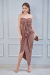 NA-KA_Beige Stretch Moss Crepe Sweetheart Neck Strapless Draped Dress _Online_at_Aza_Fashions