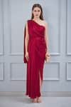 NA-KA_Maroon Satin One Shoulder Gown _Online_at_Aza_Fashions