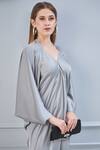 Shop_NA-KA_Grey Satin V Neck Draped Top_Online_at_Aza_Fashions