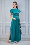 NA-KA_Green Moss Satin Boat Pleated Gown_Online_at_Aza_Fashions