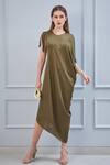 NA-KA_Green Satin Round Draped Dress _Online_at_Aza_Fashions