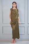 Buy_NA-KA_Green Satin One Shoulder Draped Gown With Scarf_at_Aza_Fashions