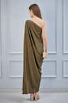 Shop_NA-KA_Green Satin One Shoulder Draped Gown With Scarf_at_Aza_Fashions