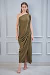 NA-KA_Green Satin One Shoulder Draped Gown With Scarf_Online_at_Aza_Fashions