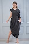 Buy_NA-KA_Black Satin V Neck Draped Dress _at_Aza_Fashions