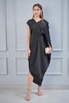 NA-KA_Black Satin V Neck Draped Dress _Online_at_Aza_Fashions