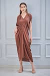 Buy_NA-KA_Brown Satin V Neck Draped Dress _Online_at_Aza_Fashions