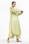 Buy_Three_Green Cotton Poplin Striped High Neck Puff Sleeve Tunic And Pant Set _at_Aza_Fashions