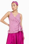 Buy Three Pink Handwoven Cotton Checkered V Neck Top at Aza Fashions Buy_Three_Pink Handwoven Cotton Checkered V Neck Top_at_Aza_Fashions