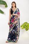 Buy_Devyani Mehrotra_Black Viscose Satin Printed Tropical Floral Flower Saree _at_Aza_Fashions