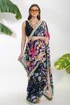 Buy_Devyani Mehrotra_Black Viscose Satin Printed Tropical Floral Flower Saree _Online_at_Aza_Fashions