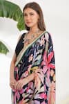 Devyani Mehrotra_Black Viscose Satin Printed Tropical Floral Flower Saree _at_Aza_Fashions