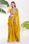 Buy_Devyani Mehrotra_Yellow Chanderi Printed Tropical Floral Flower Applique Saree _at_Aza_Fashions