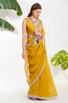 Devyani Mehrotra_Yellow Chanderi Printed Tropical Floral Flower Applique Saree _Online_at_Aza_Fashions