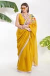 Buy_Devyani Mehrotra_Yellow Chanderi Printed Tropical Floral Flower Applique Saree _Online_at_Aza_Fashions