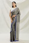 Buy_Pranay Baidya_Black Chanderi Tissue Printed Stripes Saree  _at_Aza_Fashions