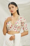Buy_Pranay Baidya_White Dupion Silk Embroidered Floral Motifs V Neck Blouse _at_Aza_Fashions