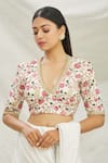 Buy_Pranay Baidya_White Dupion Silk Embroidered Floral Motifs V Neck Blouse _Online_at_Aza_Fashions