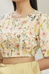 Shop_Pranay Baidya_Yellow Cotton Floral, Geometric Motifs Round Neck Embroidered Blouse _Online_at_Aza_Fashions
