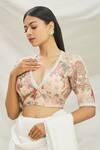 Buy Pranay Baidya Peach Organza Floral Motifs, Lace Work V Neck Embroidered Blouse Online at Aza Fashions Buy_Pranay Baidya_Peach Organza Floral Motifs, Lace Work V Neck Embroidered Blouse _Online_at_Aza_Fashions