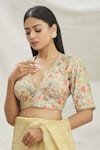 Pranay Baidya_Green Dupion Floral Motifs V Neck Embroidered Blouse _Online_at_Aza_Fashions