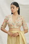 Buy_Pranay Baidya_Green Dupion Floral Motifs V Neck Embroidered Blouse _Online_at_Aza_Fashions