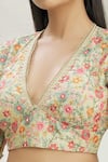 Shop_Pranay Baidya_Green Dupion Floral Motifs V Neck Embroidered Blouse _Online_at_Aza_Fashions