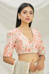 Buy_Pranay Baidya_Peach Dupion Silk Embroidered Floral Motifs V Neck Blouse _at_Aza_Fashions