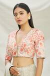 Pranay Baidya_Peach Dupion Silk Embroidered Floral Motifs V Neck Blouse _Online_at_Aza_Fashions