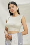 Buy_Pranay Baidya_Silver Tissue Plain Round Neck Sleeveless Crop Top  _at_Aza_Fashions