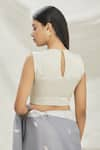 Shop_Pranay Baidya_Silver Tissue Plain Round Neck Sleeveless Crop Top  _at_Aza_Fashions