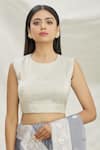 Pranay Baidya_Silver Tissue Plain Round Neck Sleeveless Crop Top  _Online_at_Aza_Fashions