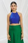 Aryavir Malhotra_Blue Taffeta Halter Neck Tie-up Saree Blouse _Online_at_Aza_Fashions