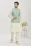 Buy_Arihant Rai Sinha_Blue Jacquard Banarasi Silk Woven Floral Bundi And Kurta Set _at_Aza_Fashions