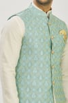 Shop_Arihant Rai Sinha_Blue Jacquard Banarasi Silk Woven Floral Bundi And Kurta Set _Online_at_Aza_Fashions