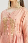 Shop_Sozenkari_Pink Silk Chanderi Hand Embroidered Bead Work Round Anarkali Sharara Set _Online_at_Aza_Fashions