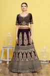 Khwaab by Sanjana Lakhani_Maroon Velvet Embroidered Sequin Round Floral Bridal Lehenga Set_Online_at_Aza_Fashions