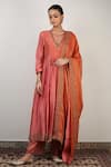 Buy_Rhua_Peach Silk, Organza Aari, Zardozi Round Embroidered Anarkali Set_at_Aza_Fashions