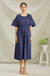 Shop_Naintara Bajaj_Blue Cotton Satin Front Tie Up Dress_Online_at_Aza_Fashions