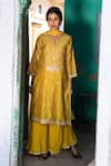 Kameez_Yellow Kurta - Soft Silk Chanderi Embroidered Floral Gota Work Sharara Set _Online_at_Aza_Fashions